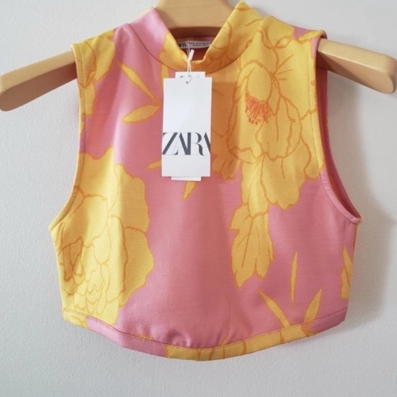 NEW Zara Floral Jacquard Sleeveless High Neck Crop Top - Picture 9 of 11